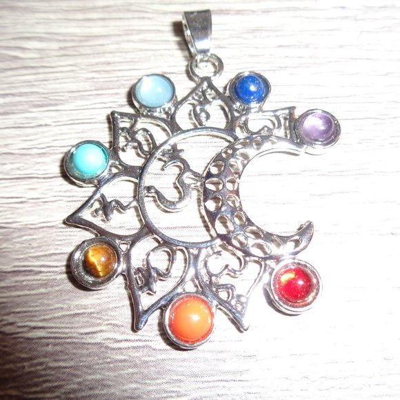 Chakra ohm Moon Necklace Gemstone Chakra Pendant - Picture 2 of 8